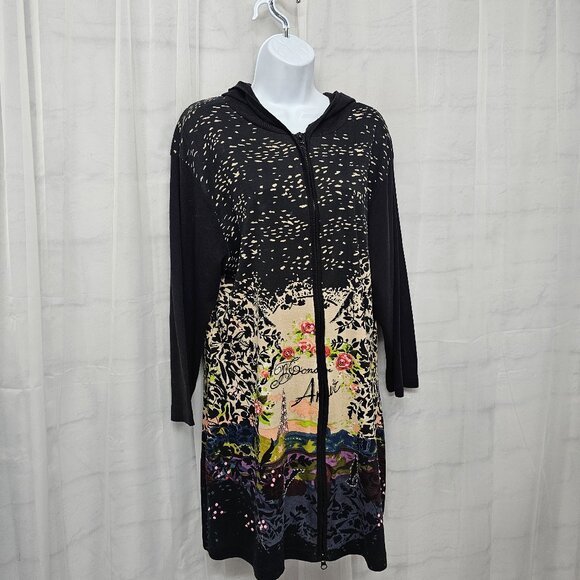 Lanz Black Jacket Hooded Paris Eiffel Artsy Tower Boho Zip Jersey 2XL - Picture 3 of 10